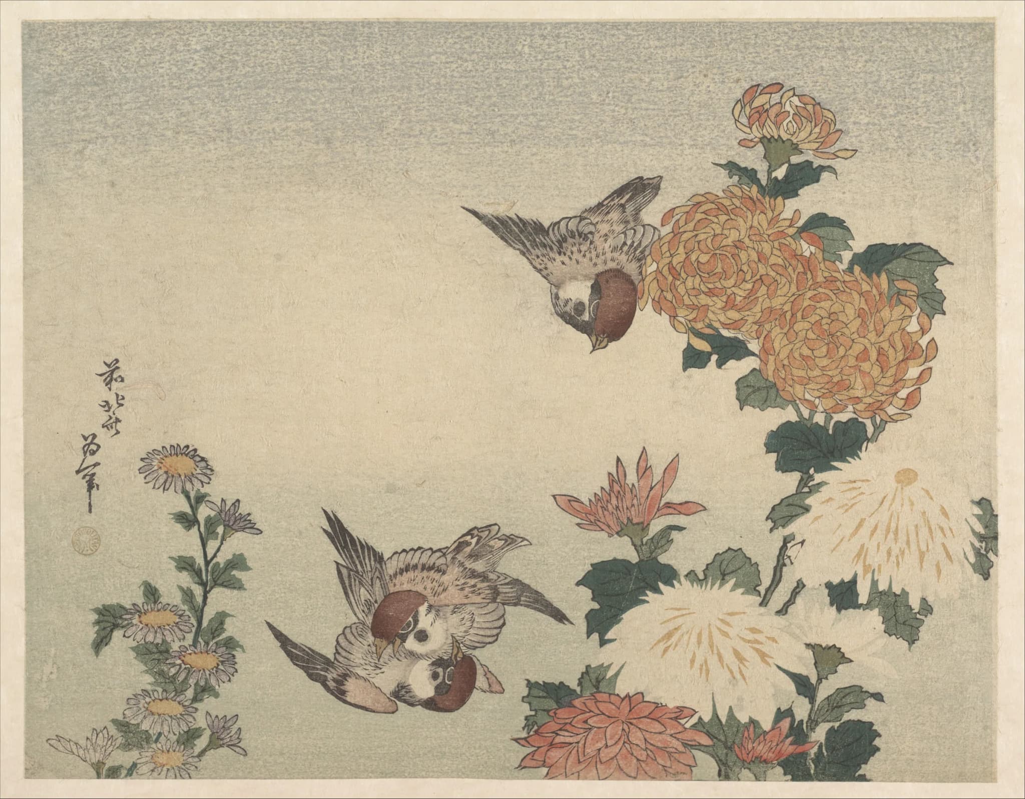 Katsushika Hokusai, Sparrows and Chrysanthemums, 1825, The Metropolitan Museum of Art