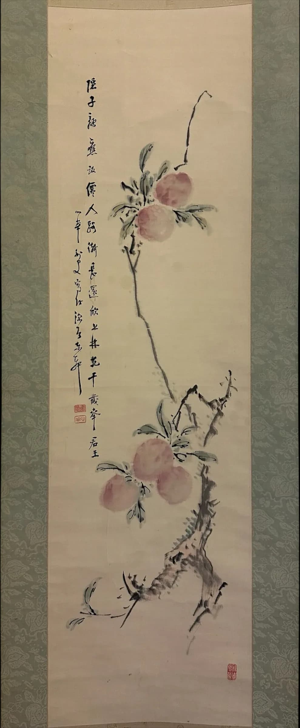 Shirasu Shinka — Ink and Color Painting of a Broken Branch of Immortal Peaches, Shōwa Period