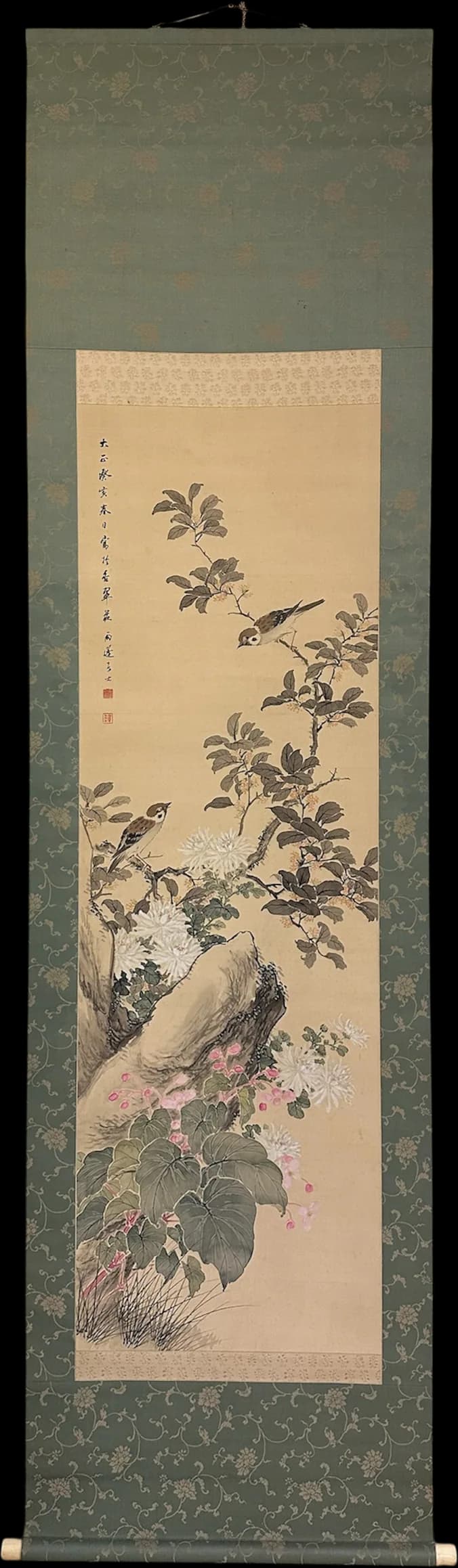Kanō Uhō — Autumn Flora and Pair of Sparrows, Taishō Period