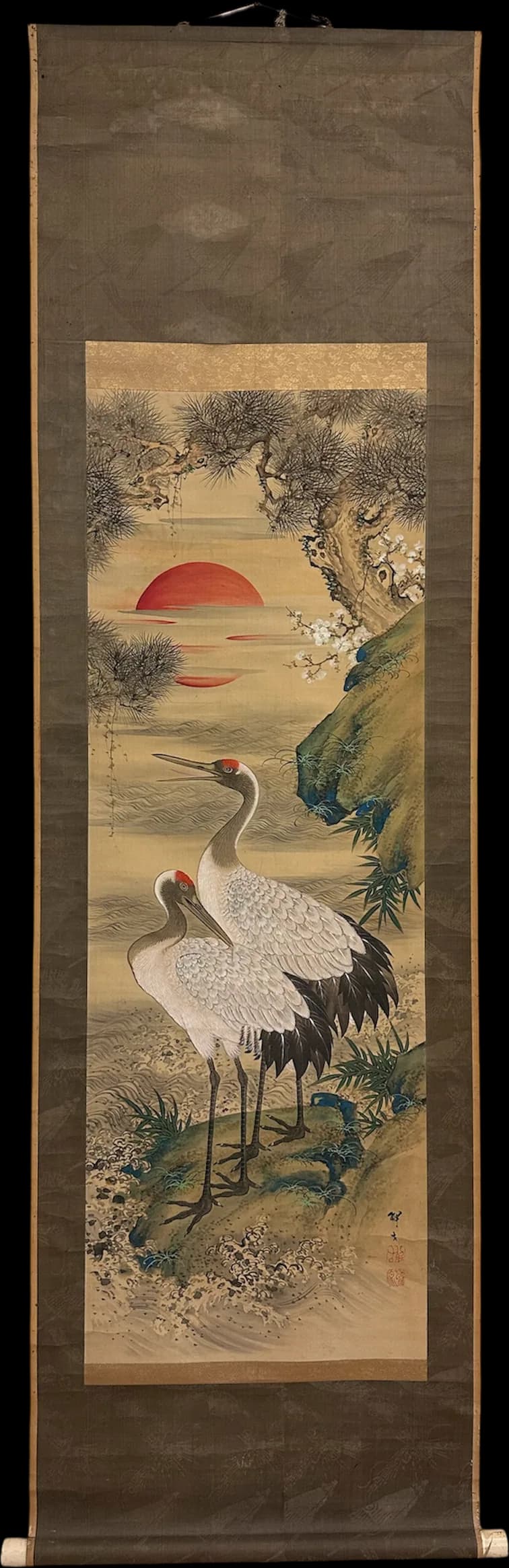 Watanabe Kaiko — Cranes with Rising Sun, Taishō Period