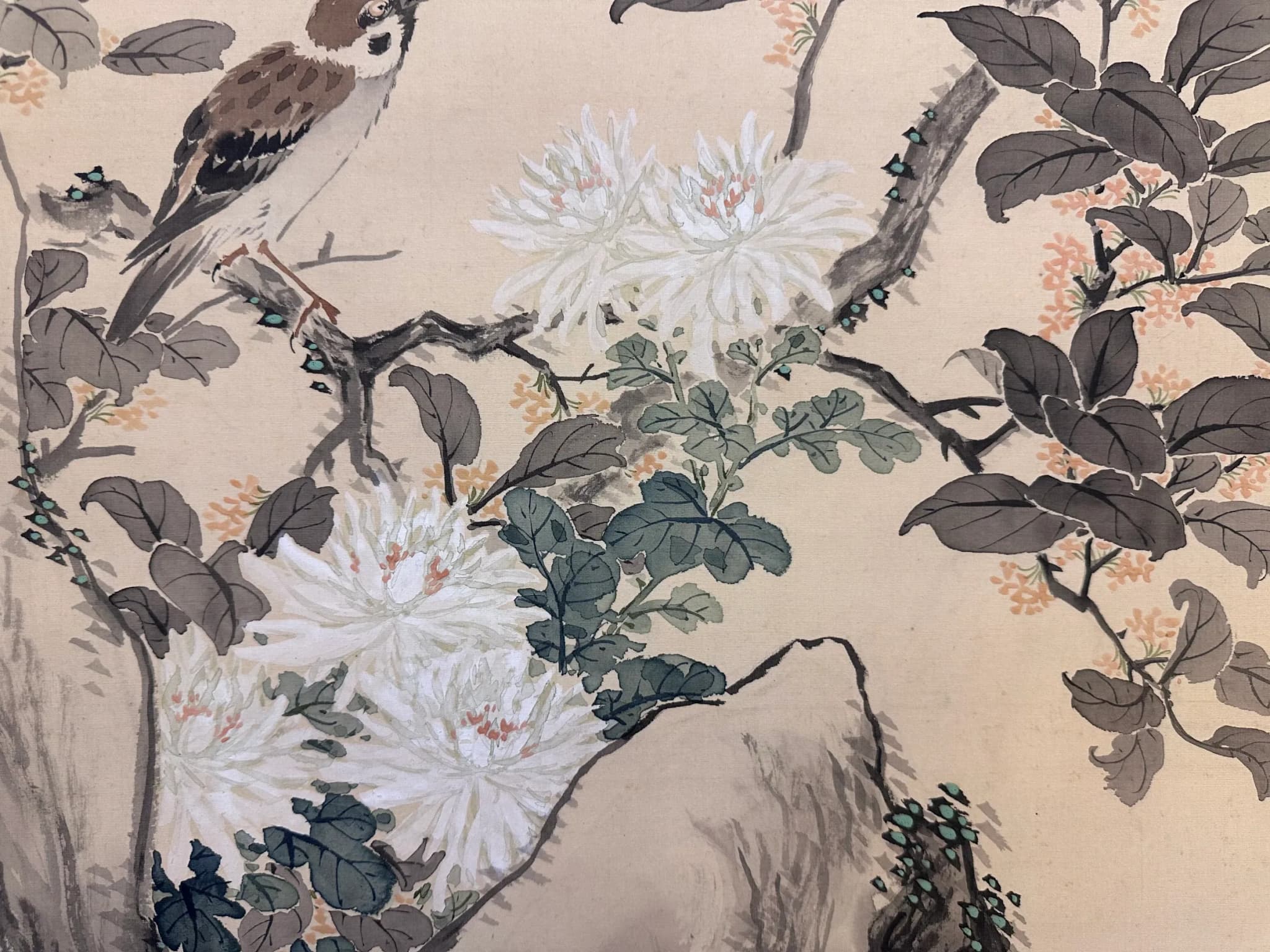 Kanō Uhō — Autumn Flora and Pair of Sparrows, Taishō Period