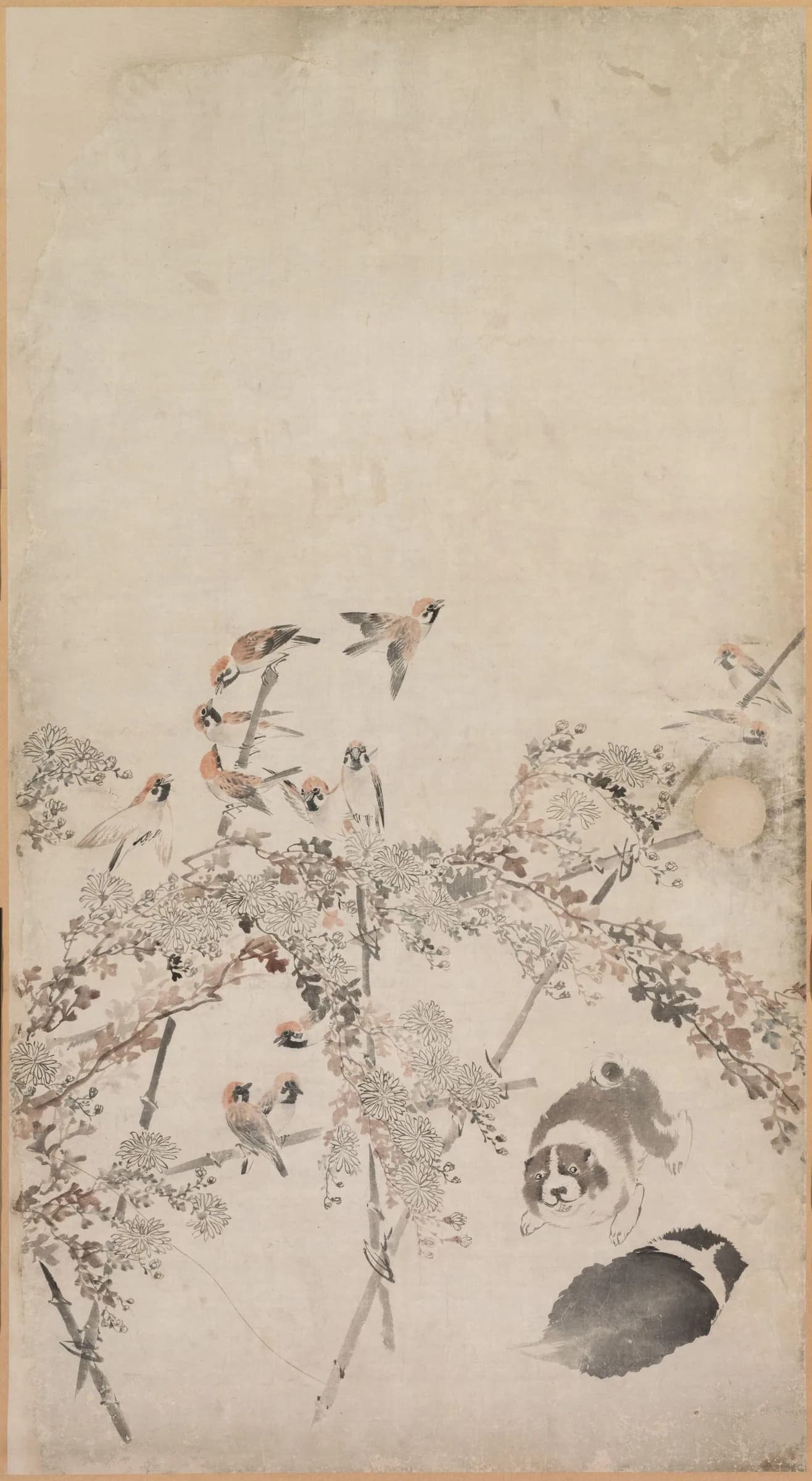 Nagasawa Rosetsu, Puppies, Sparrows, and Chrysanthemums, 1792–94, The Cleveland Museum of Art