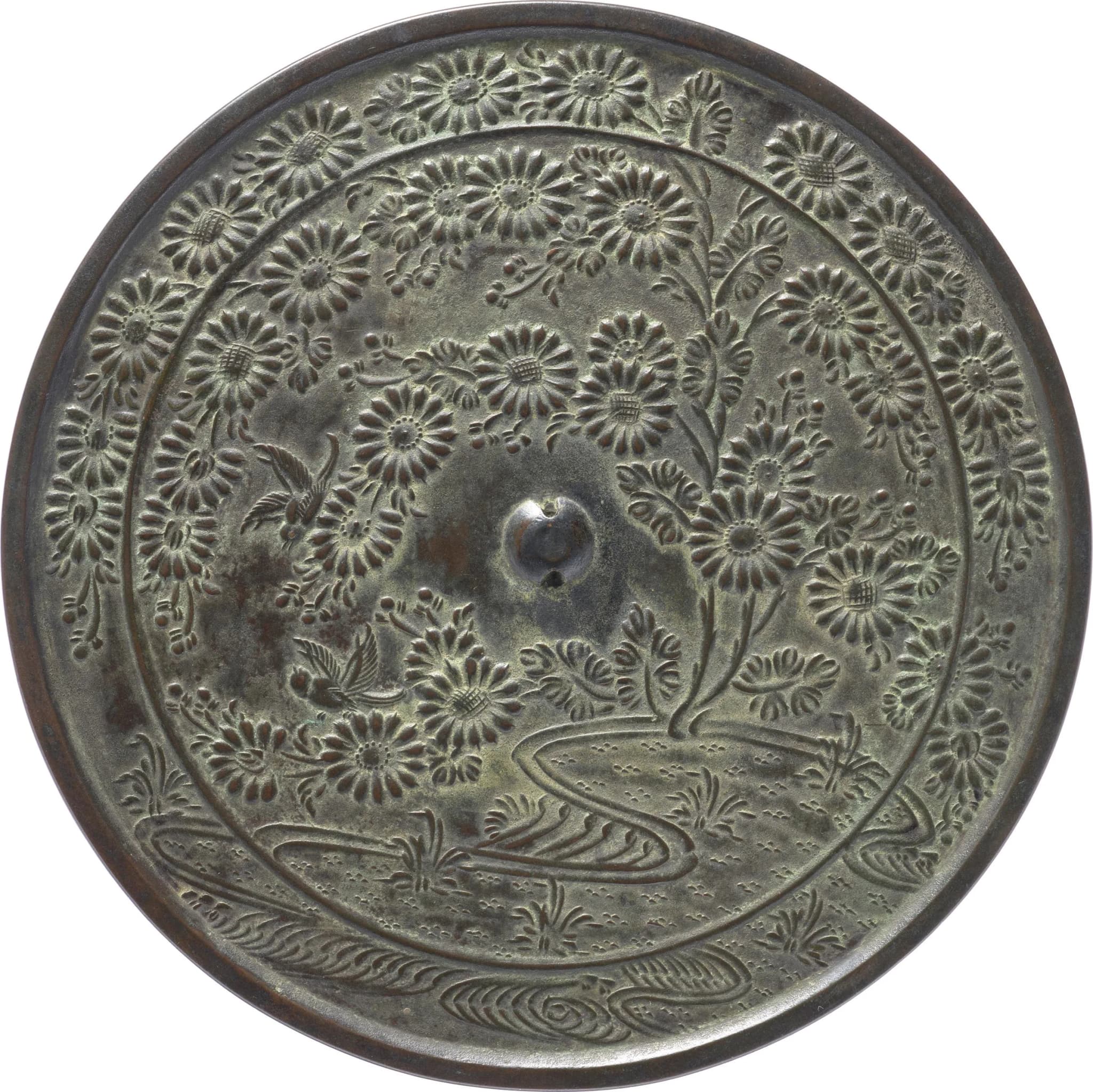 Mirror with Chrysanthemum Branches and a Pair of Sparrows, thirteenth century, Kyoto National Museum