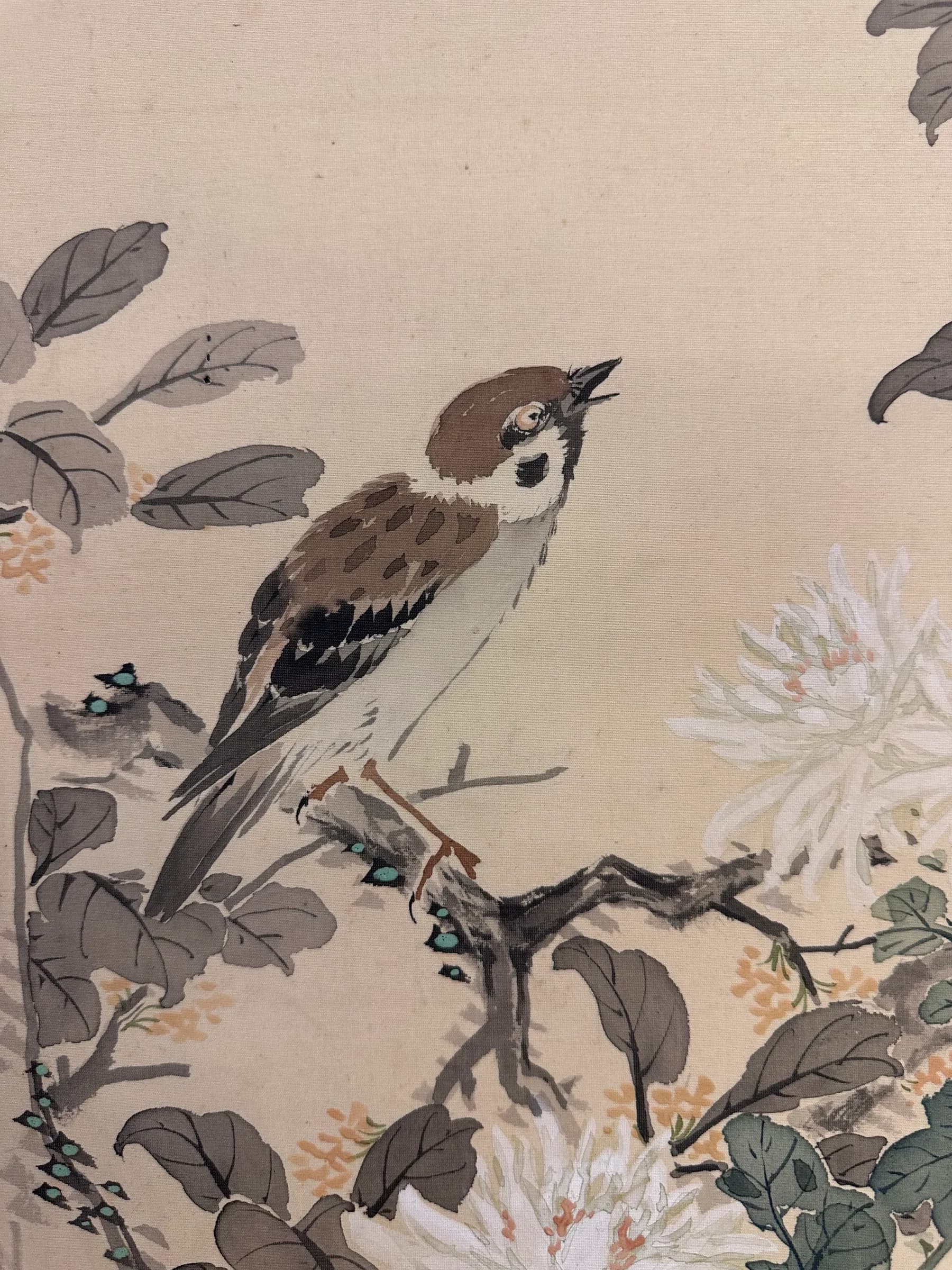 Kanō Uhō — Autumn Flora and Pair of Sparrows, Taishō Period