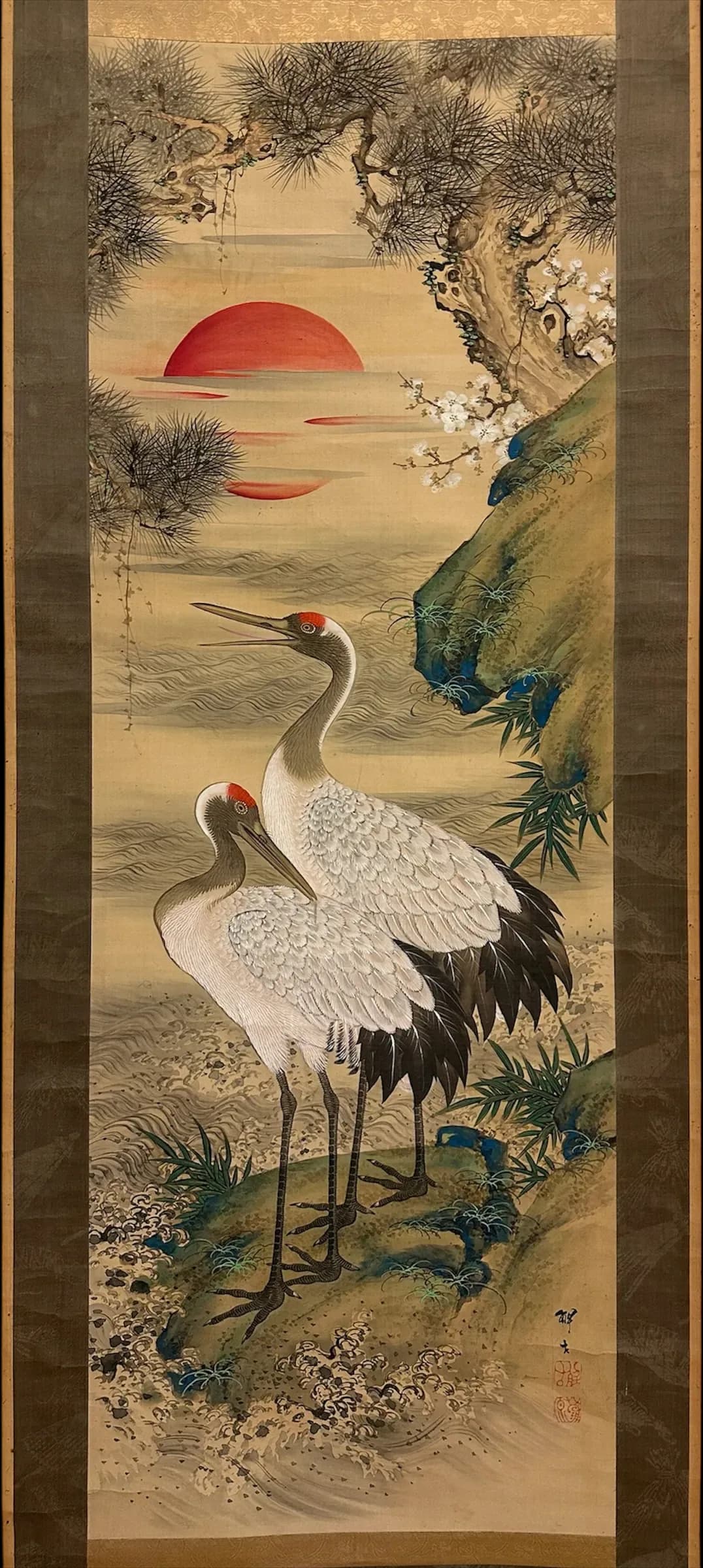 Watanabe Kaiko — Cranes with Rising Sun, Taishō Period
